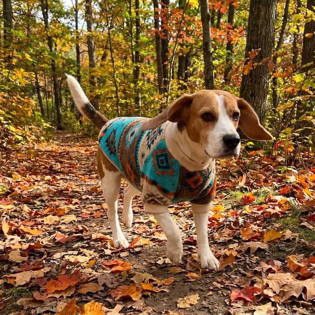 Aztec Print Dog Sweater on a Beagle walking in autumn leaves outdoors, showcasing warm and stylish features for pets.