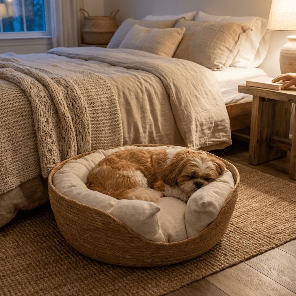 Cozy Bamboo Pet Nest with a small dog sleeping peacefully in a stylish home setting.