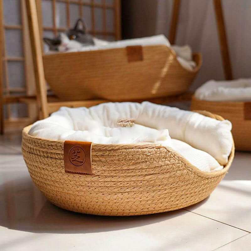 Bamboo Pet Nest for Dogs & Cats, handwoven design with removable waterproof cushion for comfort and easy cleaning.
