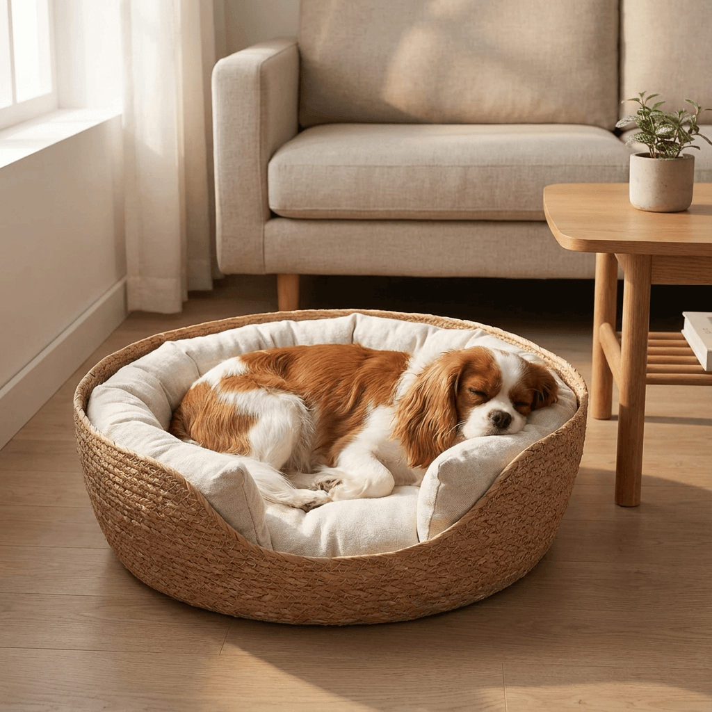 Bamboo Pet Nest for dogs and cats, handwoven bamboo bed with removable cushion for comfort and style.