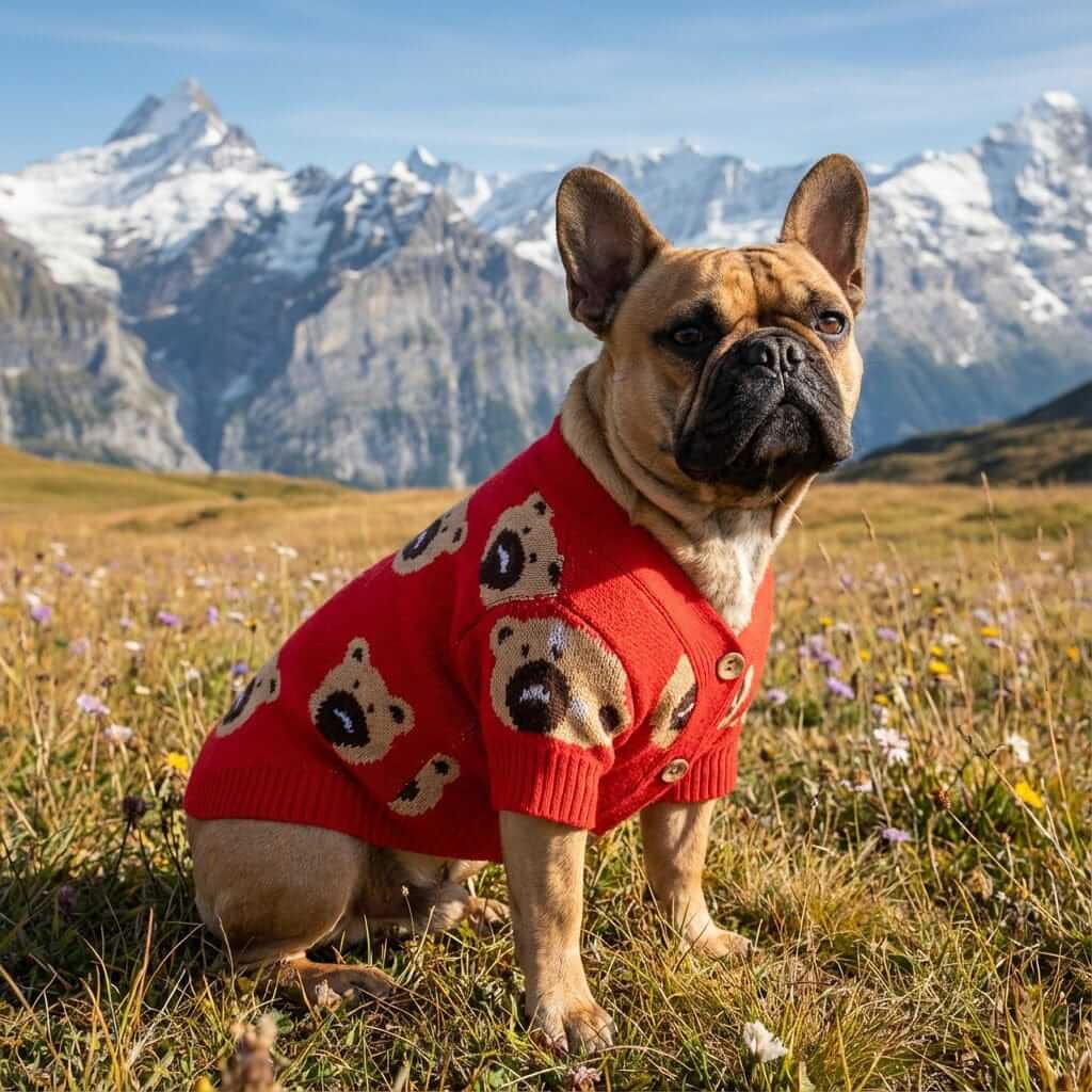 Bear Print Pet Sweater on a stylish French Bulldog in a scenic mountain meadow, showcasing adorable bear prints.