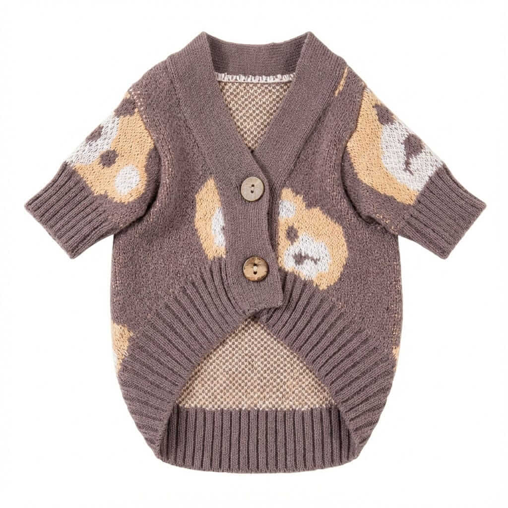 Bear Print Pet Sweater: Cozy, stylish sweater for small dogs and cats featuring bear print design and button closure.