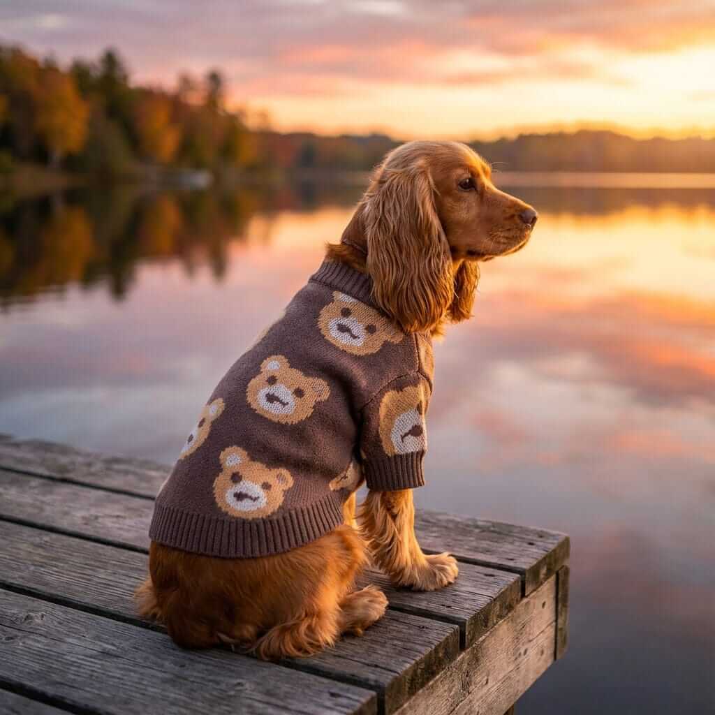 Bear Print Pet Sweater on a dog by the lake, showcasing cozy design and adorable bear print for pets.