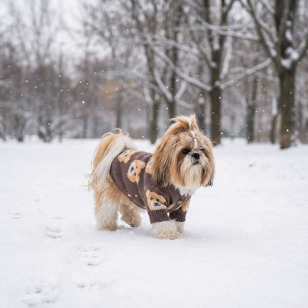 Small dog wearing Bear Print Pet Sweater in snowy park, showcasing cozy design and adorable bear print.