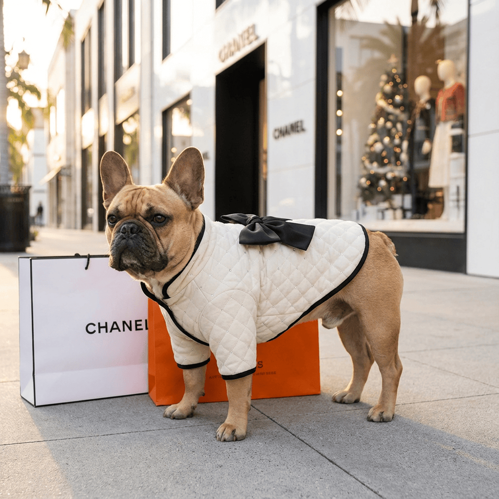 Beauty Bow Dog Winter Coat featuring a cute dog in a fashionable coat with bowknot design, perfect for dogs and cats.