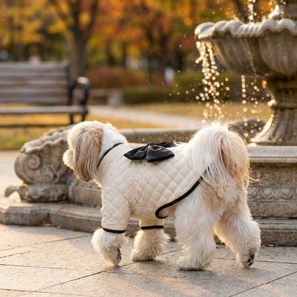 Beauty Bow Dog Winter Coat on a dog walking in the park, featuring bowknot design, breathable fabric, from Dogs & Cats brand.