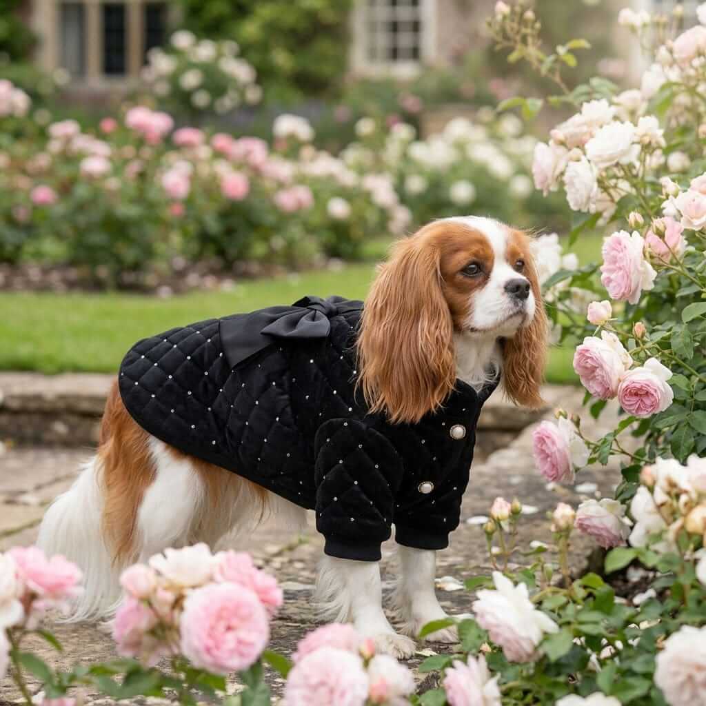 Beauty Bow Dog Winter Coat on a Cavalier King Charles Spaniel surrounded by pink roses, featuring bowknot design and soft fabric.