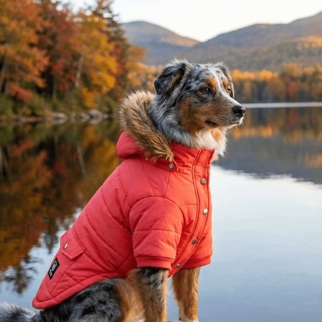 Big Bad Woof Hooded Winter Dog Coat on a dog by a lake, featuring breathable fabric and comfortable design.