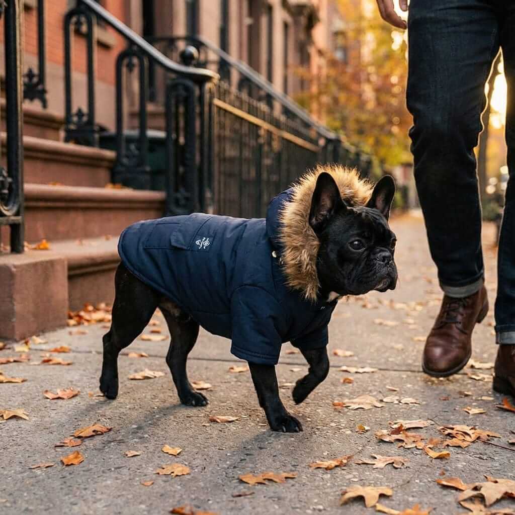 Big Bad Woof Hooded Winter Dog Coat on a French Bulldog, featuring breathable cotton fabric, for dogs and cats, perfect for outdoor use.