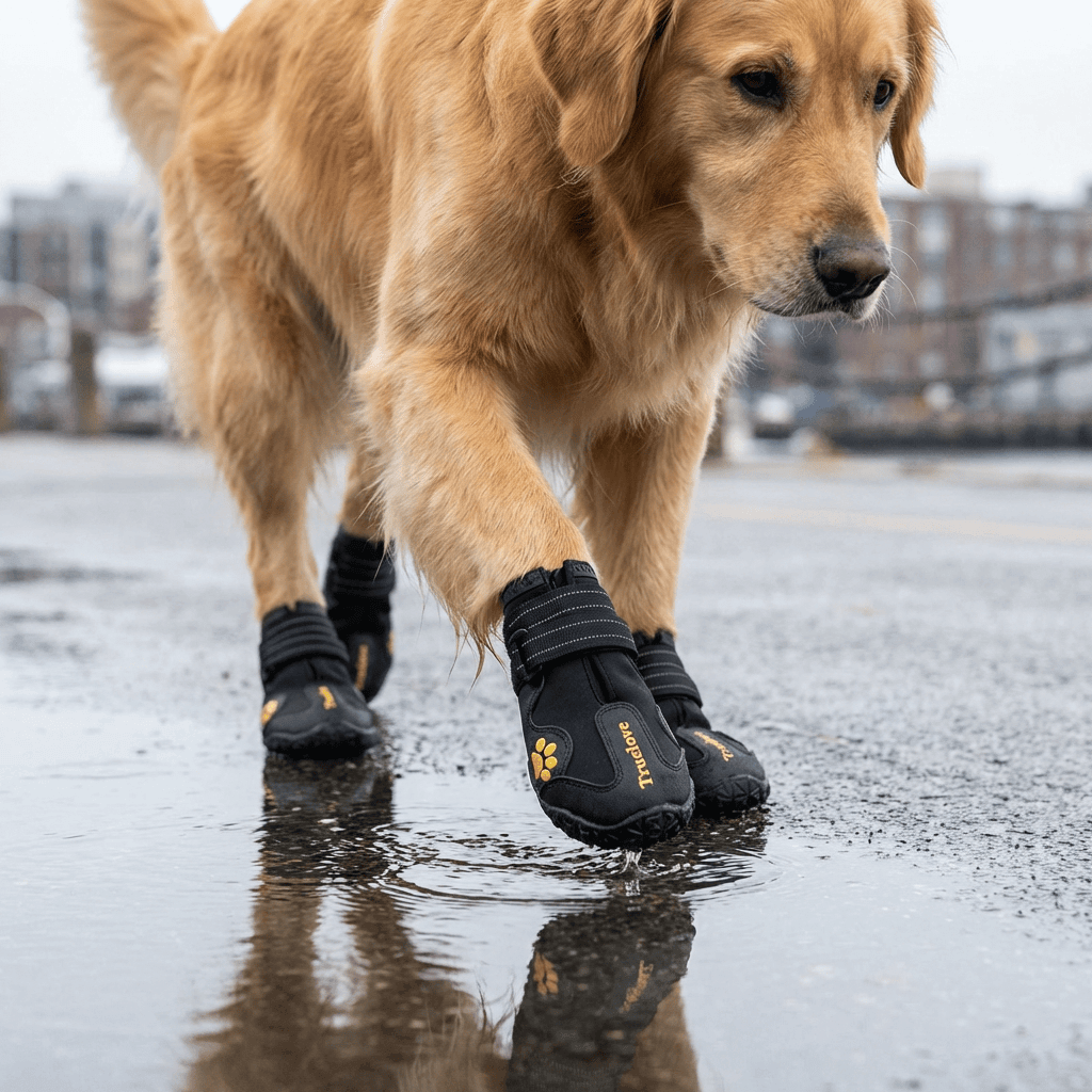 Big Dog Shoes Non-Slip Wear on a golden retriever walking in puddles, showcasing waterproof and rugged design.