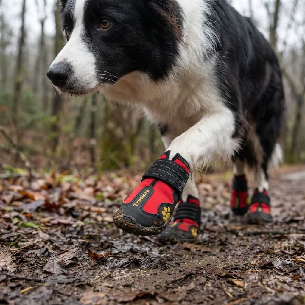 Big Dog Shoes Non-Slip Wear in red and black on a Border Collie walking through muddy trails.