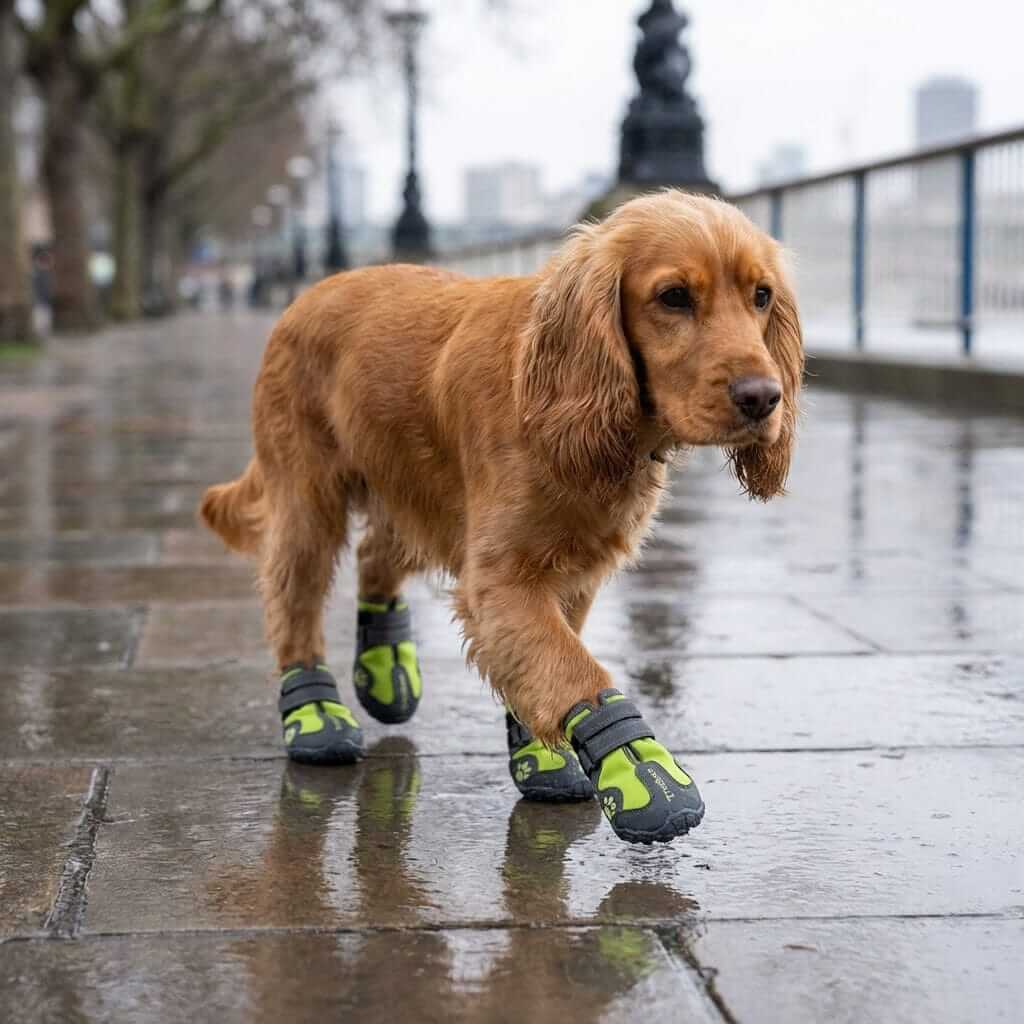 Big Dog Shoes Non-Slip Wear on a golden retriever walking on a rainy sidewalk, showcasing rugged, waterproof pet boots.