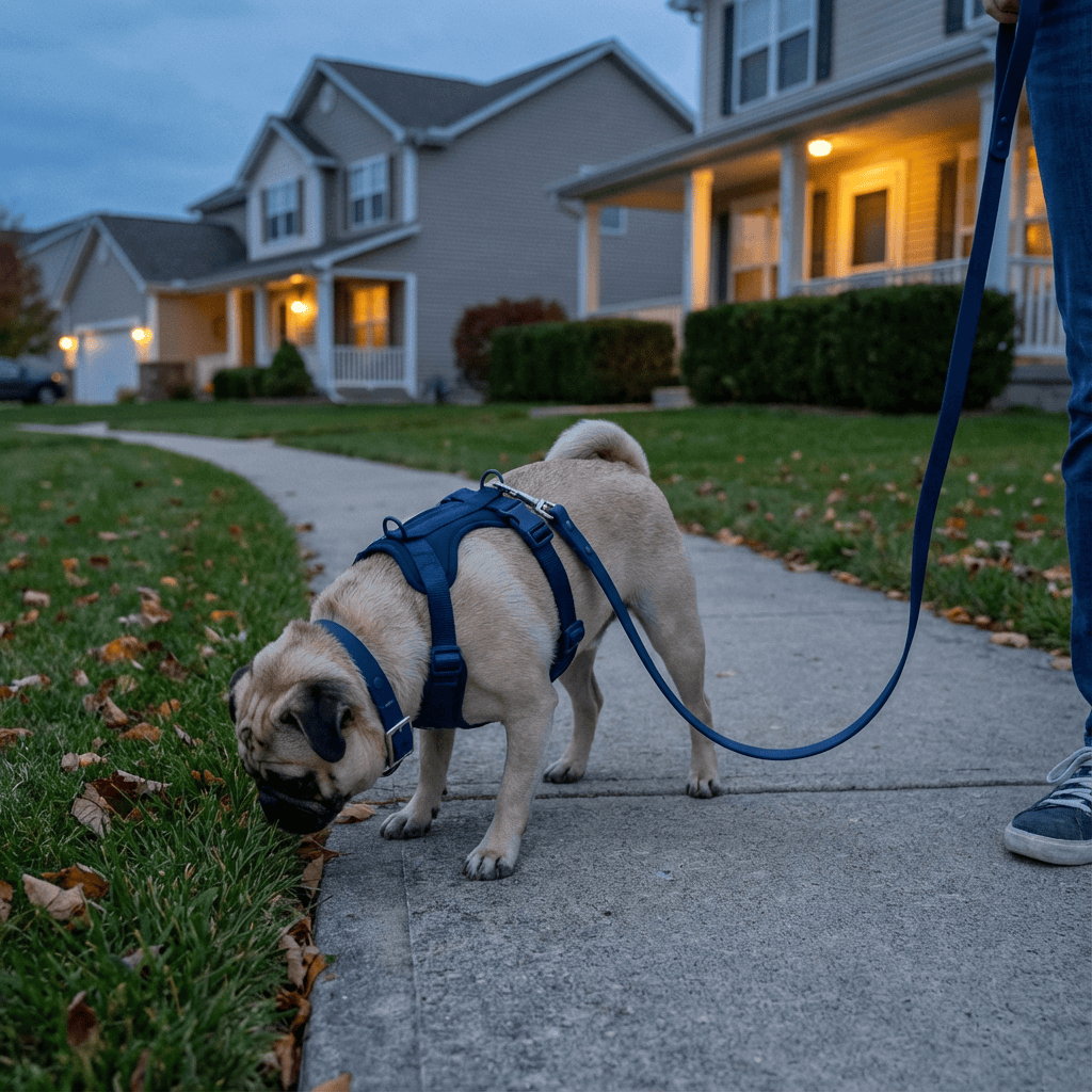 BiteGuard Harness, Collar & Leash Set worn by a pug, showcasing its durability and style during a walk.