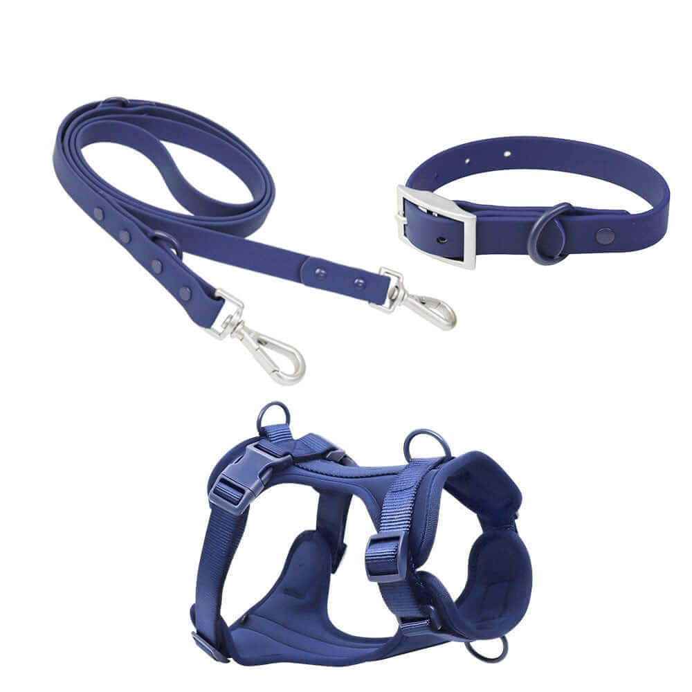 BiteGuard Harness, Collar & Leash Set featuring a durable harness, collar, and leash in navy for Dogs & Cats.