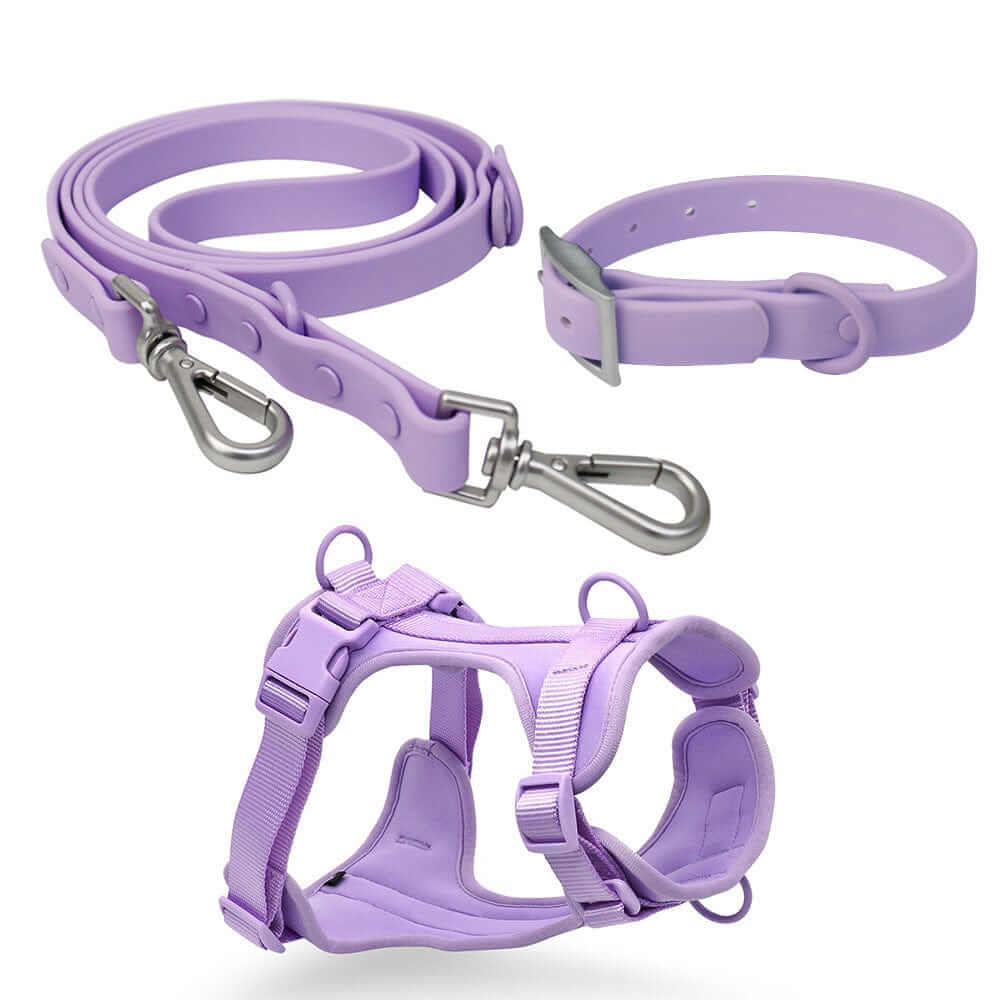 BiteGuard Harness, Collar & Leash Set in lavender with sturdy design for dogs & cats, featuring anti-fouling materials.