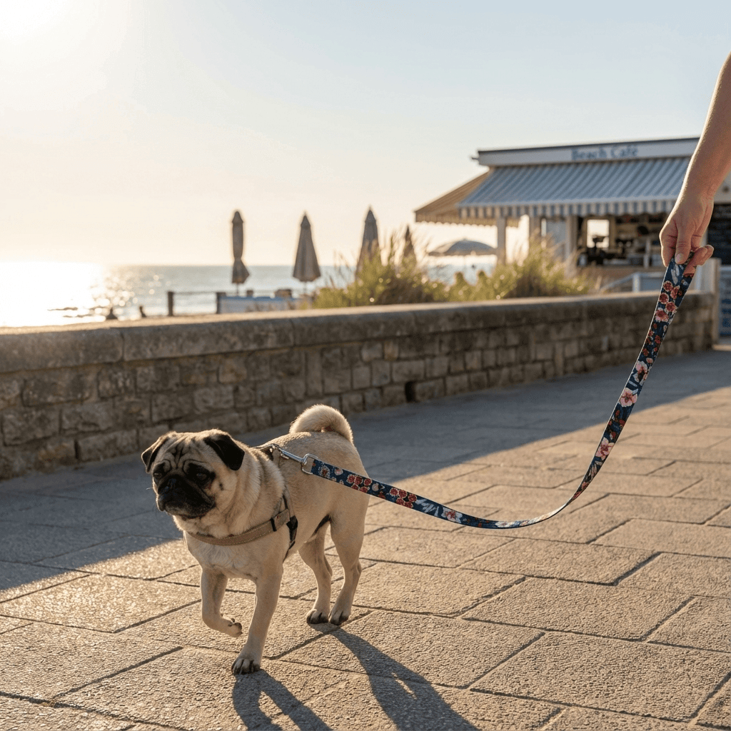 BloomTrail Floral Pet Leash on a pug during a beach walk, showcasing its stylish floral design for dogs and cats.
