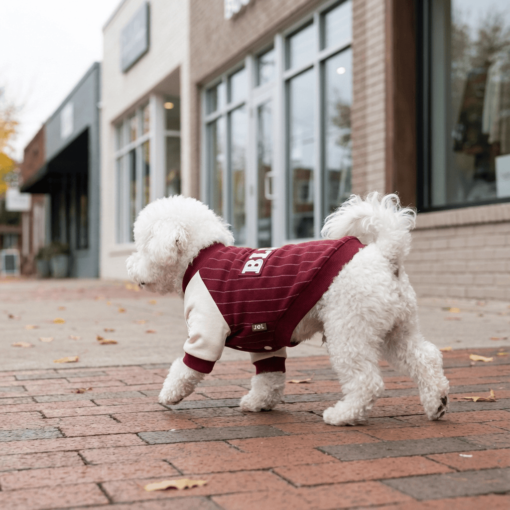 Blue Baseball Dog Sweatshirt on a dog walking outside, featuring soft material and stylish design for dogs.