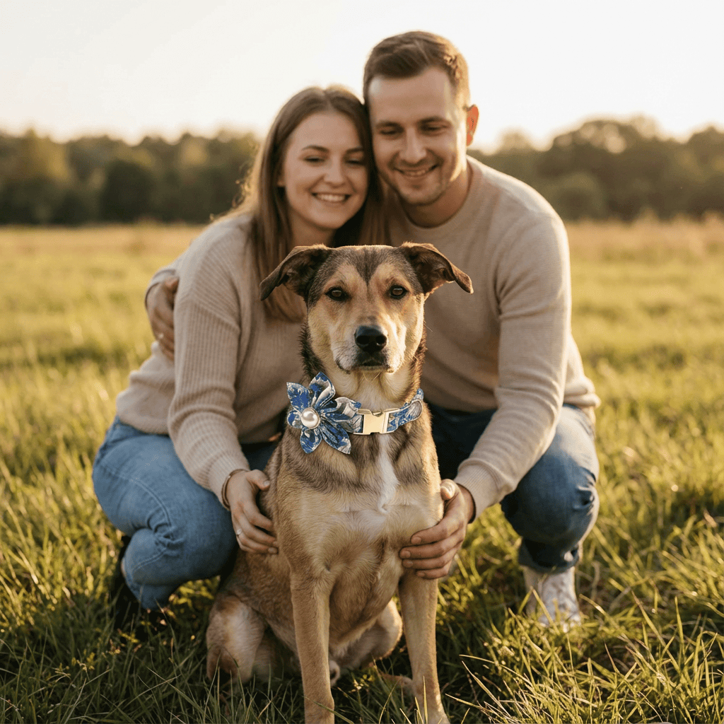 A happy couple posing with their dog wearing the Bold Bloom Floral Metal Dog Collar in a sunny field.