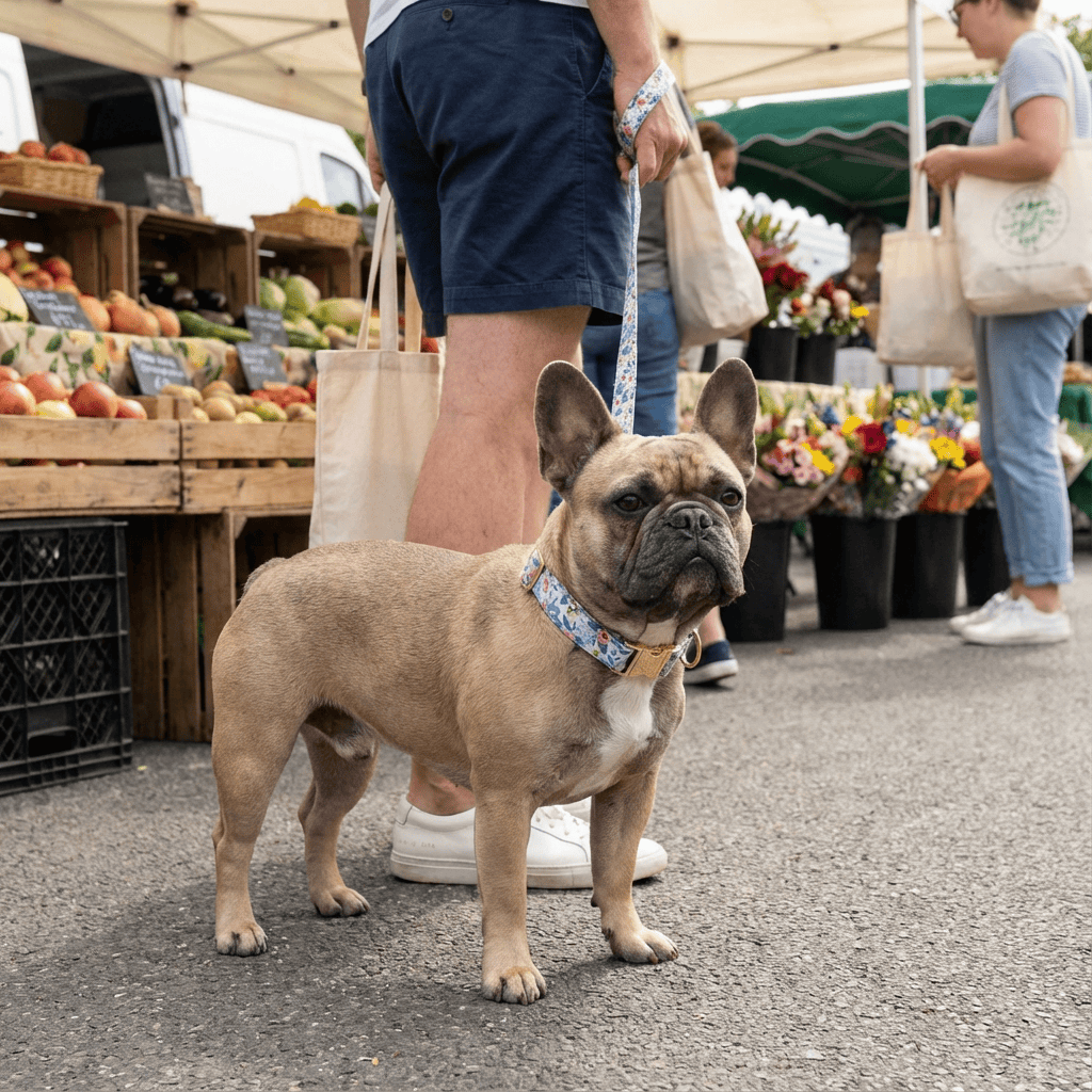 Bold Bloom Floral Metal Dog Collar on a stylish dog at a farmer's market with fresh produce.