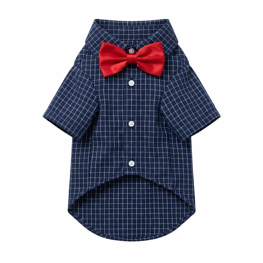 Bow Neckline Plaid Dog Shirt for dogs by Dogs & Cats, featuring breathable fabric, bow tie, and plaid design.