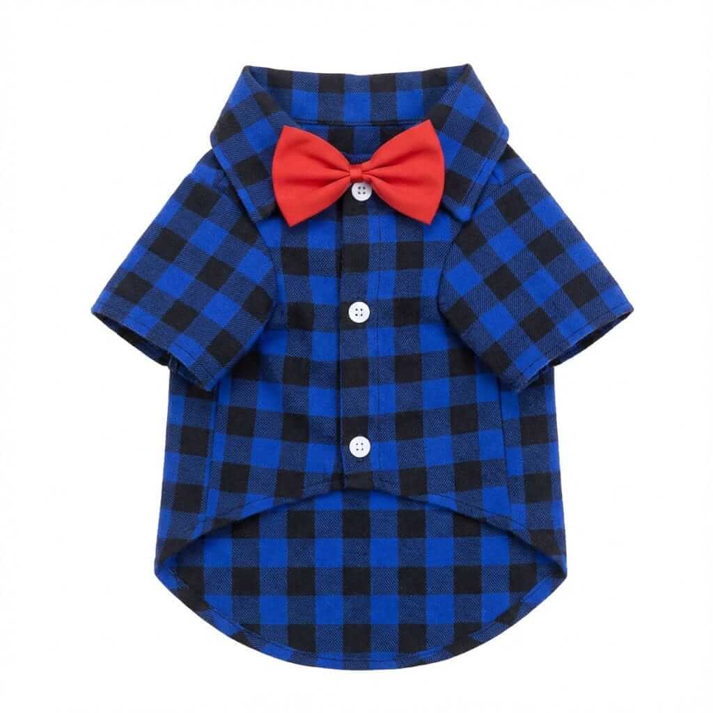 Bow Neckline Plaid Dog Shirt - Breathable plaid pet shirt with turn-down collar and short sleeves for dogs & cats by Dogs & Cats.