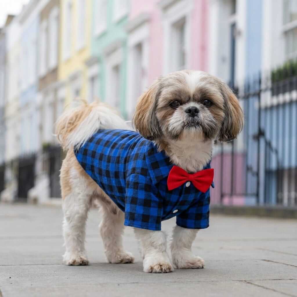Bow Neckline Plaid Dog Shirt for Dogs & Cats, featuring a plaid pattern, breathable fabric, and a turn-down collar.