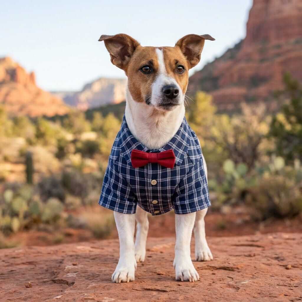 Bow Neckline Plaid Dog Shirt on a dog outdoors, featuring a turn-down collar, short sleeves, and a plaid pattern.