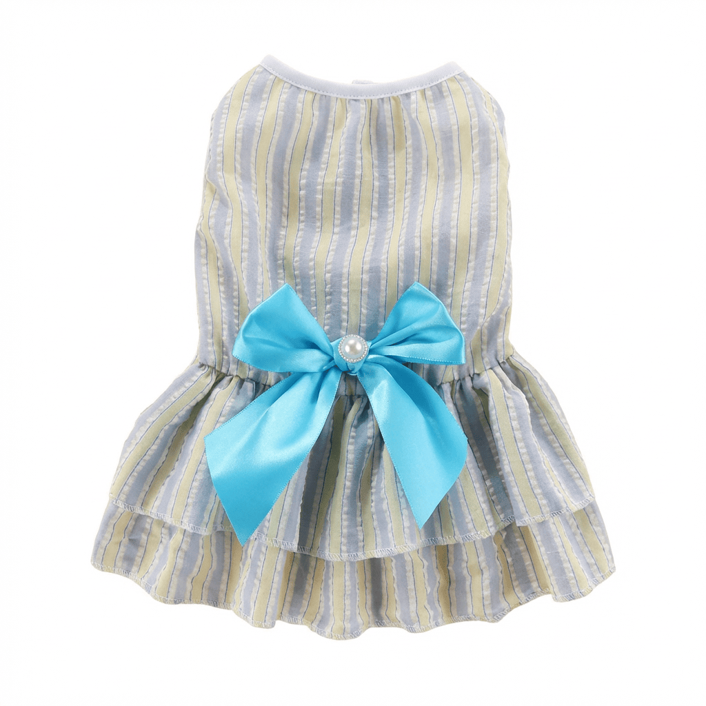 BowBelle Striped Dog Dress featuring vertical stripes and a blue bow, ideal for summer wear for small dogs by Dogs & Cats.