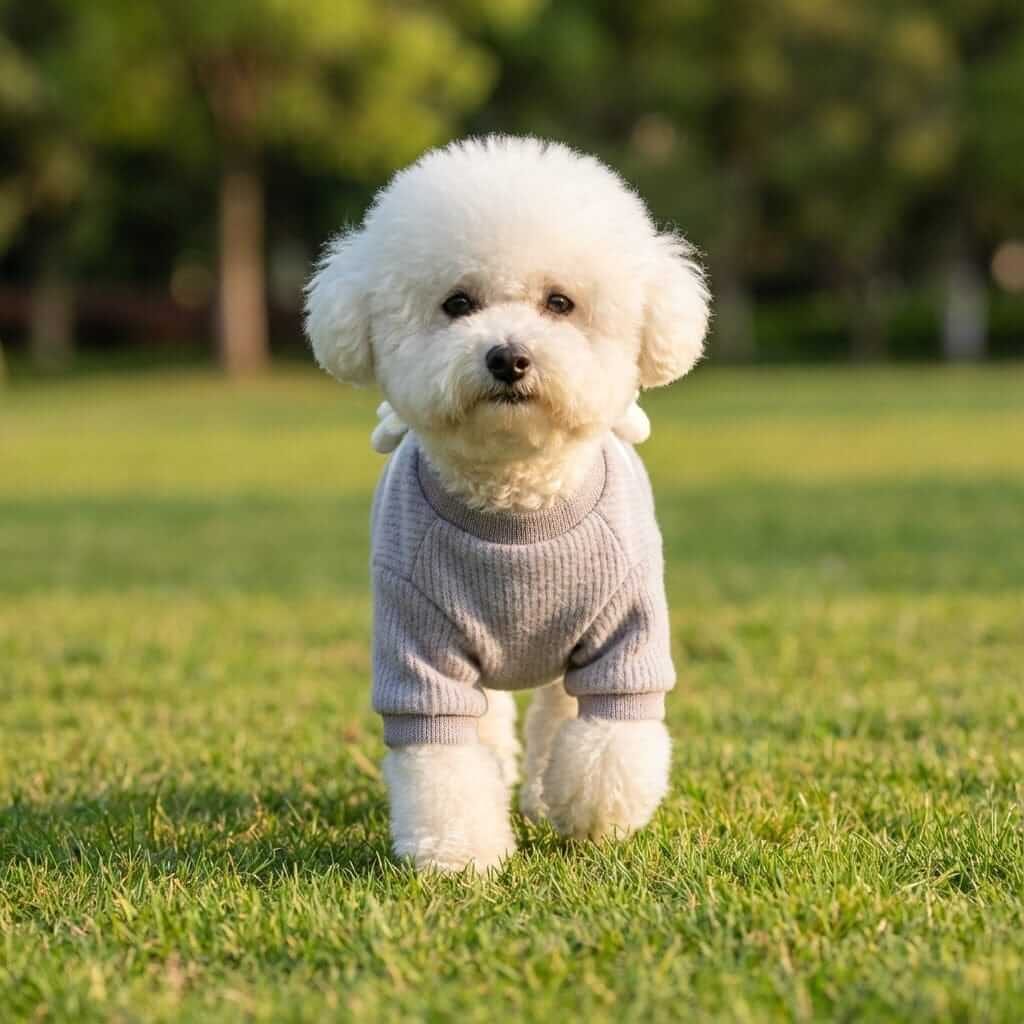 Dog wearing Bowknot Back Knitted Sweater made of non-allergenic organic wool, perfect for keeping pets warm.