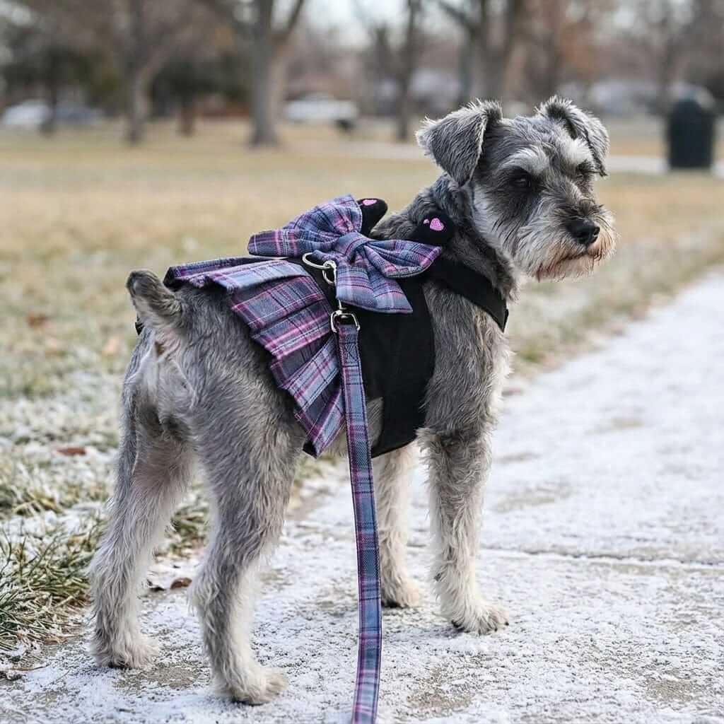 Bowknot Plaid Dog Harness Dress on a dog, featuring a stylish plaid skirt and matching leash, perfect for dogs and cats.
