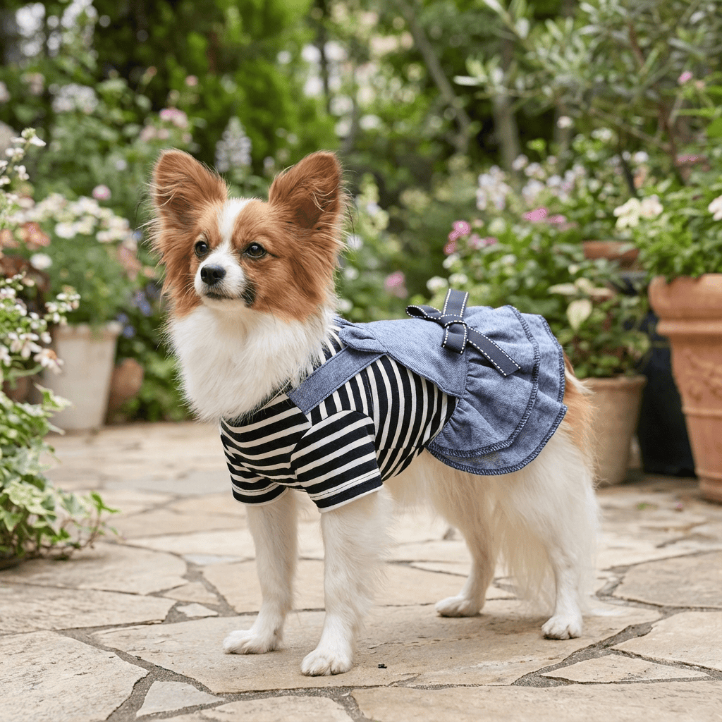 Bowknot Striped Denim Dog Dress on a cute pup in a garden, featuring breathable polyester and comfortable design.
