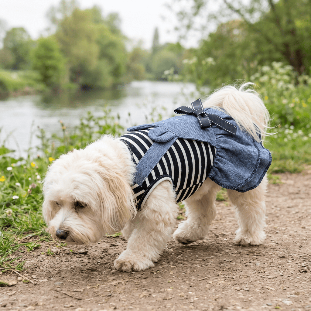 Dog wearing Bowknot Striped Denim Dog Dress by Dogs & Cats, features breathable fabric and lightweight design, perfect for events.