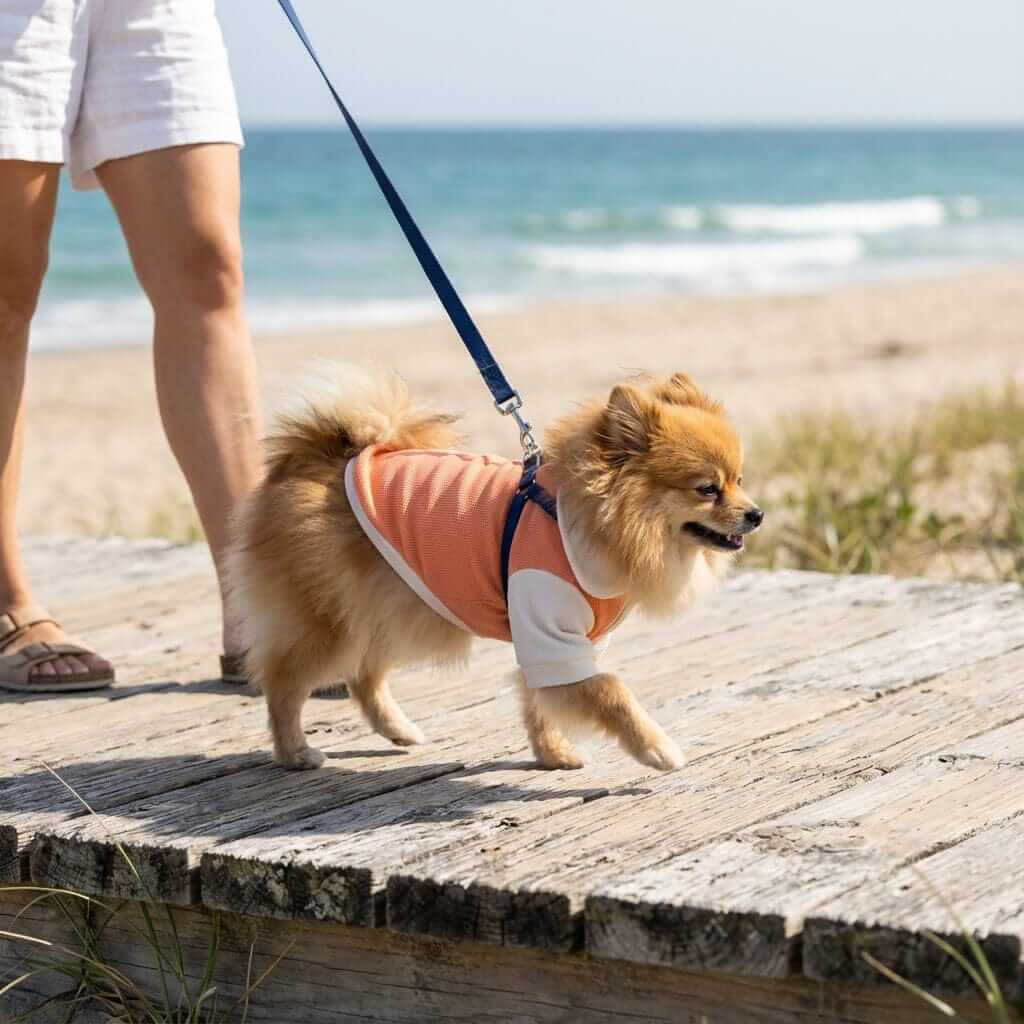 Breathable Bunny Polo Shirt on a small dog walking by the beach, perfect for spring and summer outings for dogs and cats.