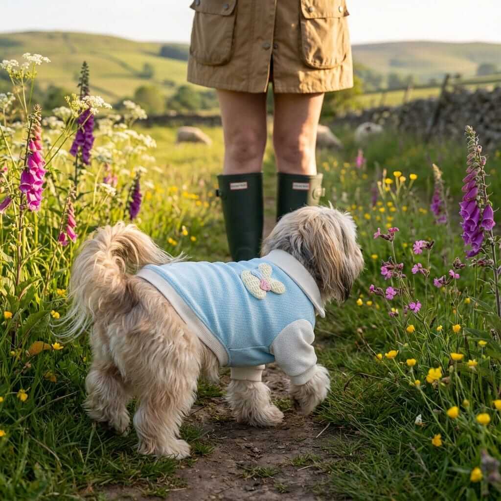 Breathable Bunny Polo Shirt for dogs in a lush field, featuring cute bunny design, ideal for keeping pets cool.