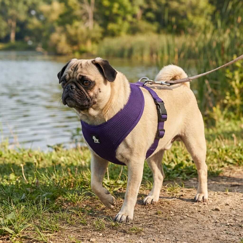Breathable Dog Adjustable Harness on a pug by a lake, showcasing its adjustable design and comfort for dogs.