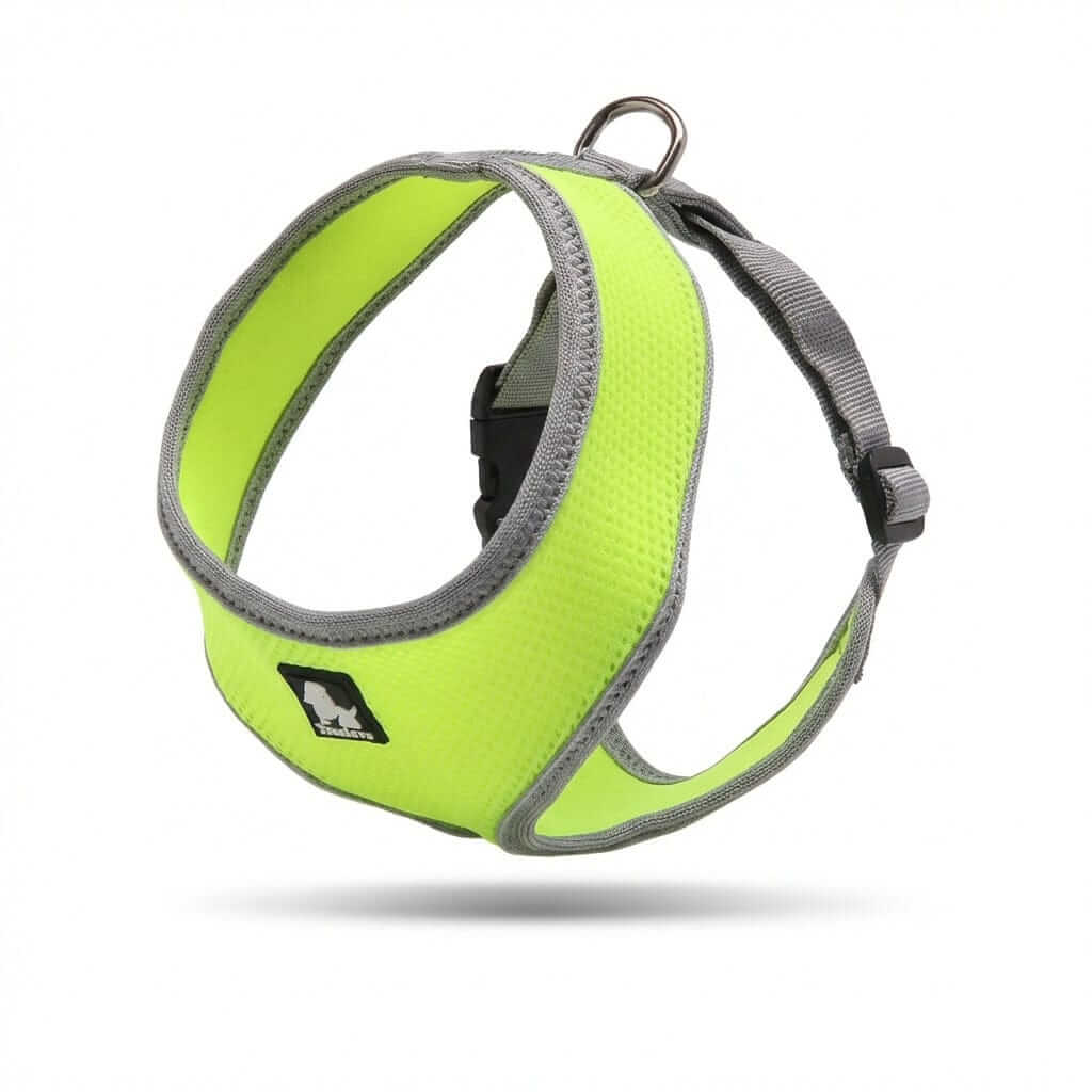 Breathable Dog Adjustable Harness in bright neon yellow with soft polyester, adjustable straps, and D-ring for leashes.
