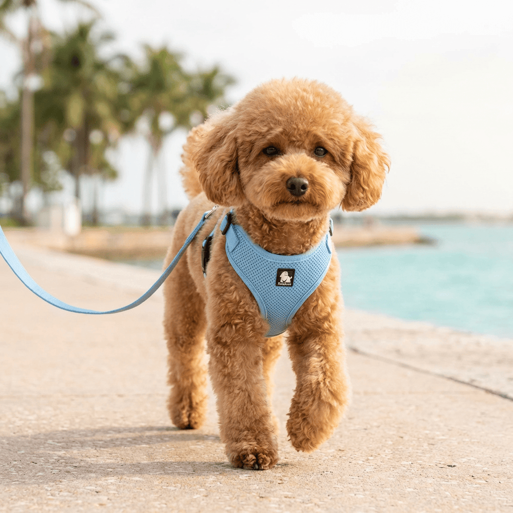 Breathable Dog Adjustable Harness on a dog walking near a beach with palm trees, featuring adjustable design and soft material.