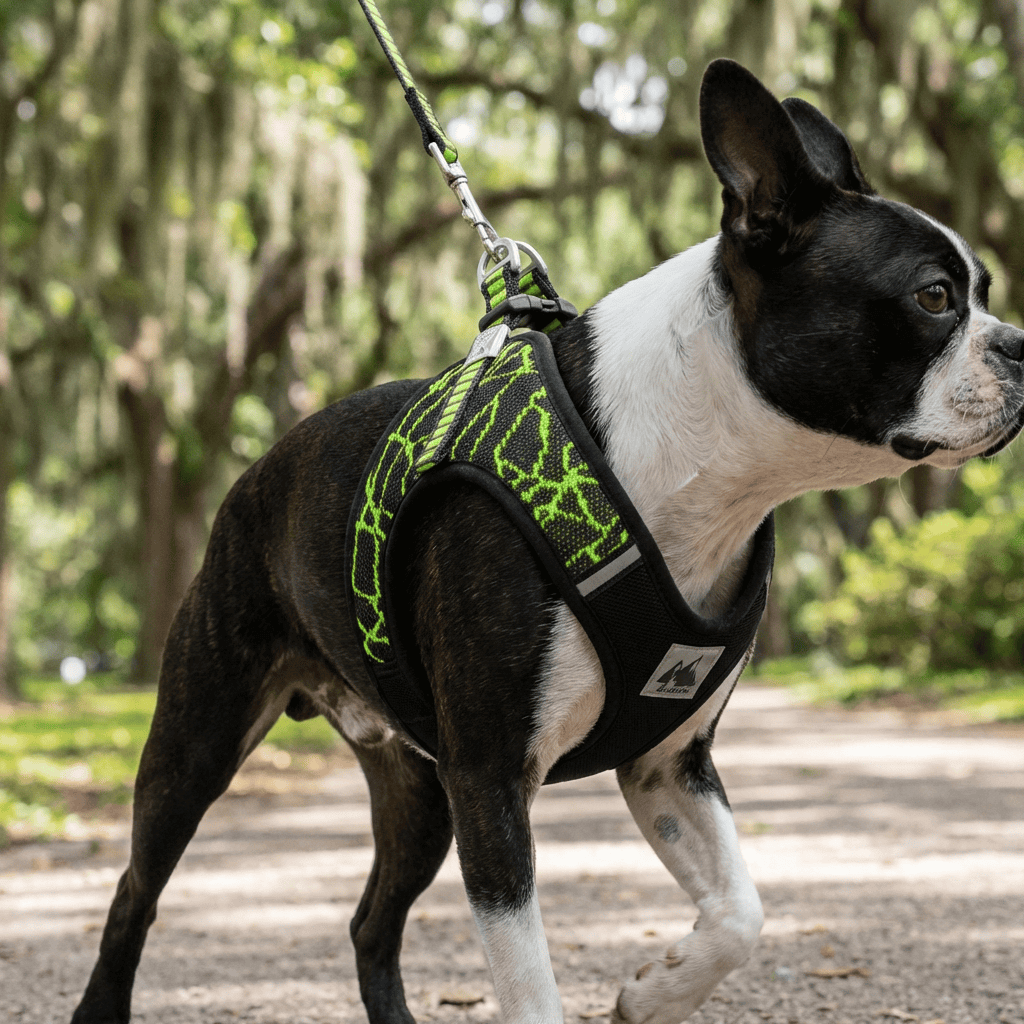 Dog wearing a Breathable Mesh Padded Harness with a vibrant pattern, showcasing comfort and style for Dogs & Cats.