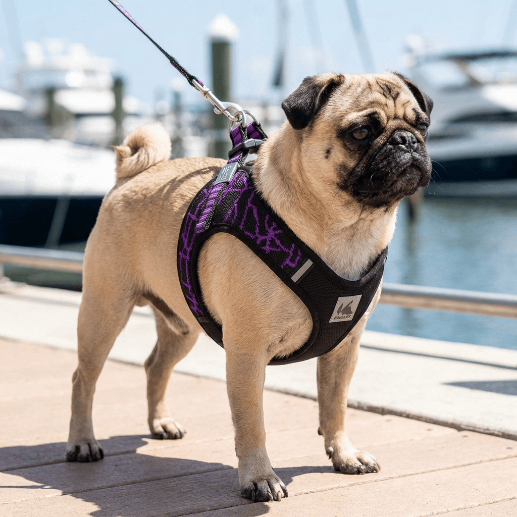Breathable Mesh Padded Harness on a pug, featuring adjustable chest belt and D-ring, perfect for dogs and cats.