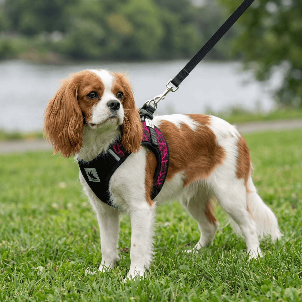 Breathable Mesh Padded Harness on a dog, featuring soft padding, adjustable chest belt, Dogs & Cats brand.