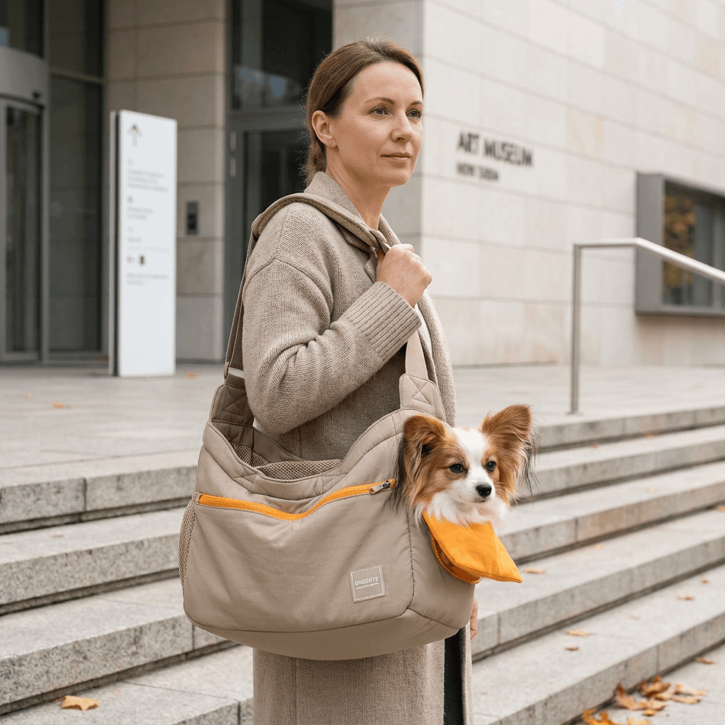 BreezeVent Pet Travel Bag in use, featuring a woman carrying a dog in a stylish crossbody design.
