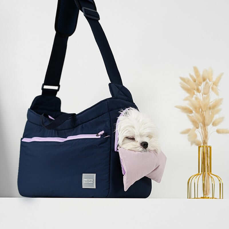 BreezeVent Pet Travel Bag featuring breathable design and crossbody convenience for pets like dogs and cats.