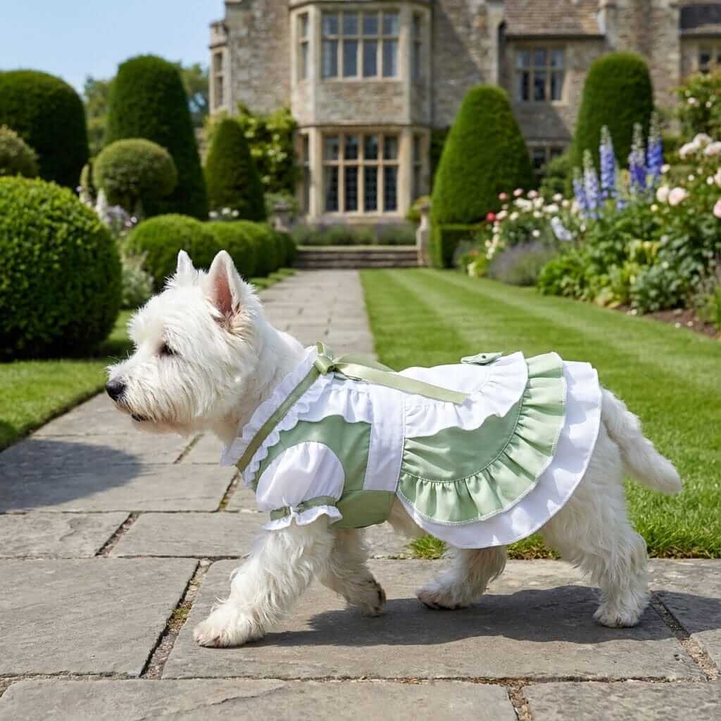 Breezy Summer Pet Frock on a small white dog walking in a garden, featuring a charming design and breathable fabric for comfort.