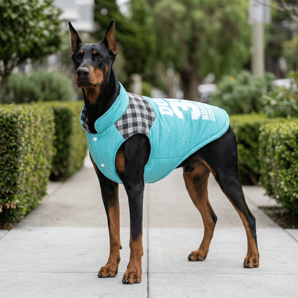 Brooklyn Dude Plaid Dog Jacket on a Doberman, featuring breathable and lightweight fabric for comfort.