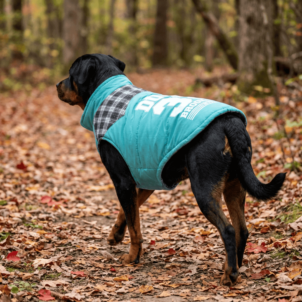 Brooklyn Dude Plaid Dog Jacket on a Rottweiler walking in the woods, featuring a breathable design for dogs & cats.
