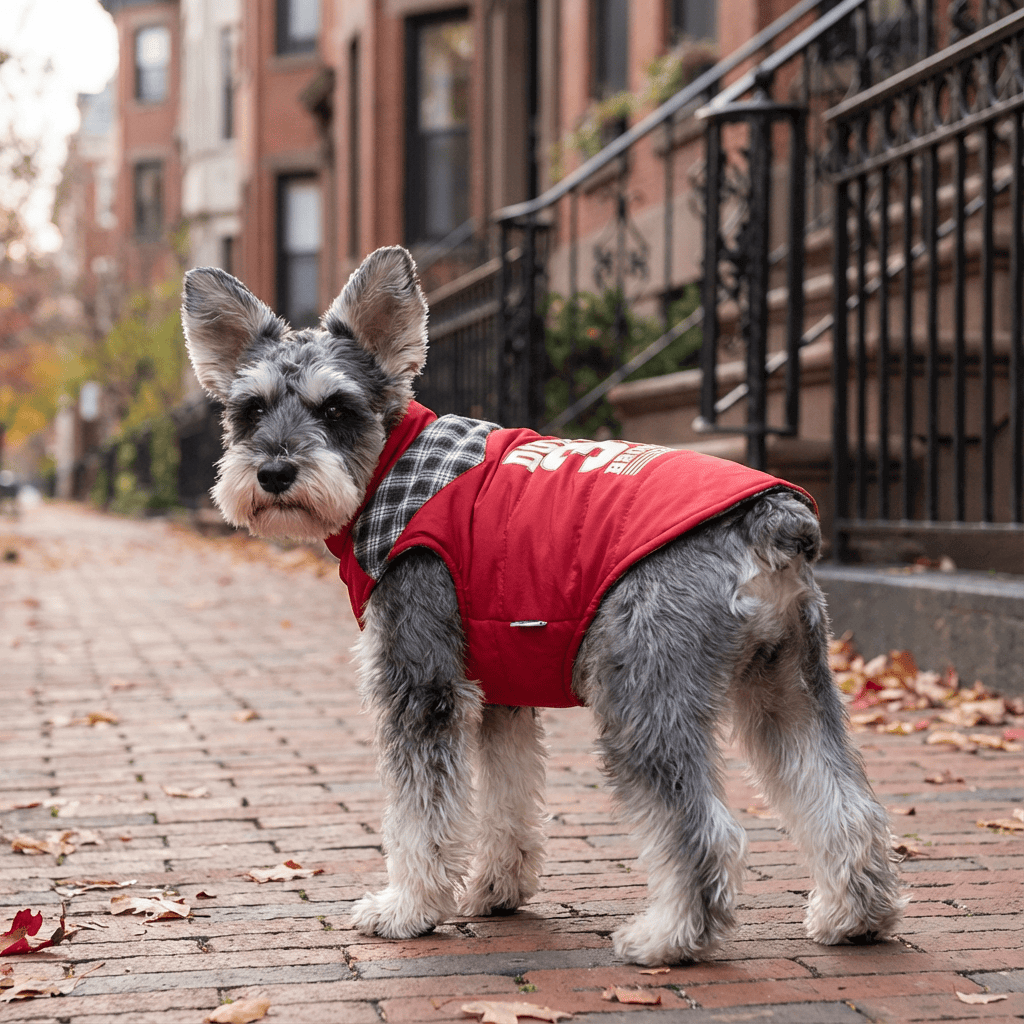 Brooklyn Dude Plaid Dog Jacket on a stylish dog in a city street, featuring a soft and lightweight design for comfort.