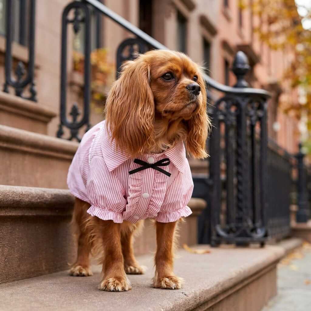 Bubble Sleeve Bow Tie Dog Shirt on a dog showcasing its bubble sleeves and ruffles, perfect for summer, by Dogs & Cats.