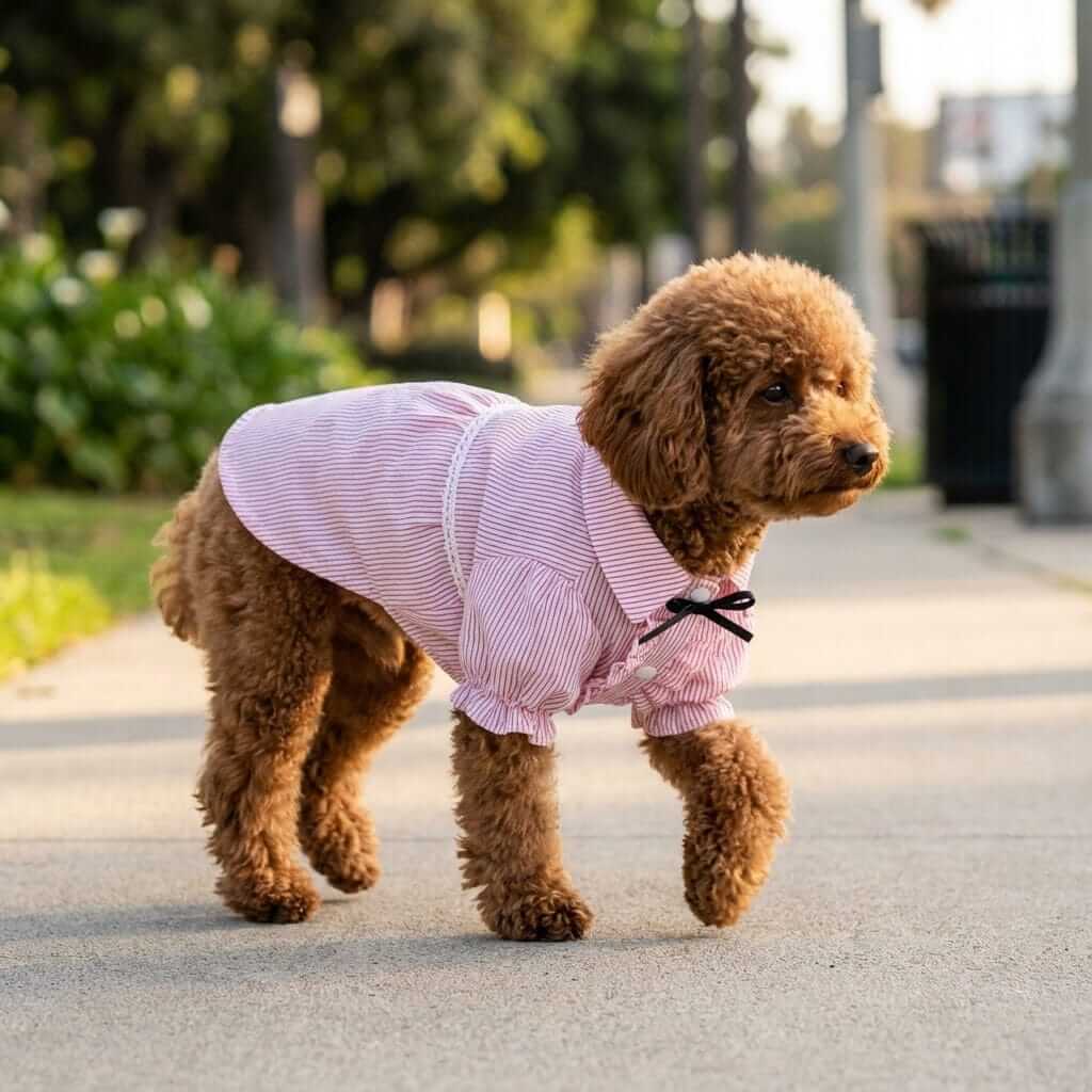 Bubble Sleeve Bow Tie Dog Shirt on a stylish dog walking outdoors, featuring bubble sleeves and a bow tie, by Dogs & Cats.
