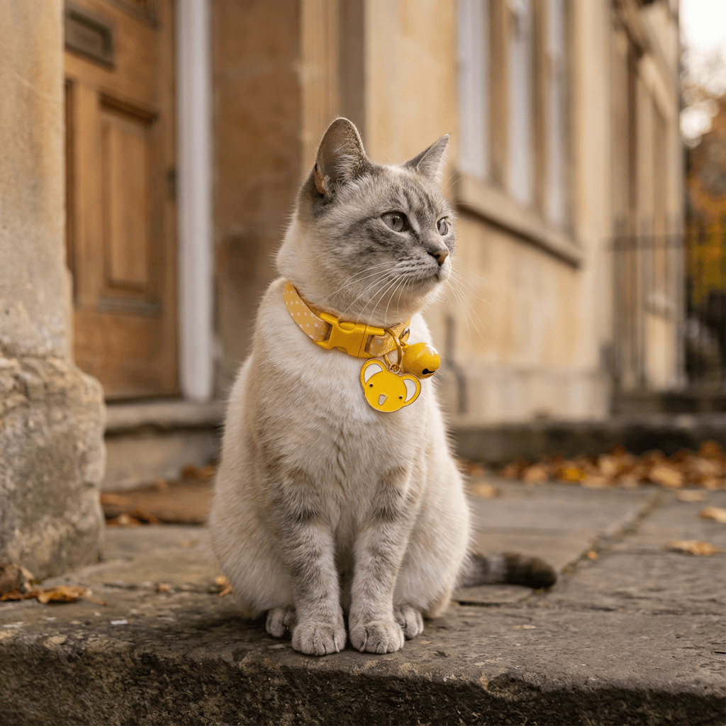 Buckle Closure Cat Bell Collar on a gray cat, featuring soft polyester, breathable design, and quick-release buckle.