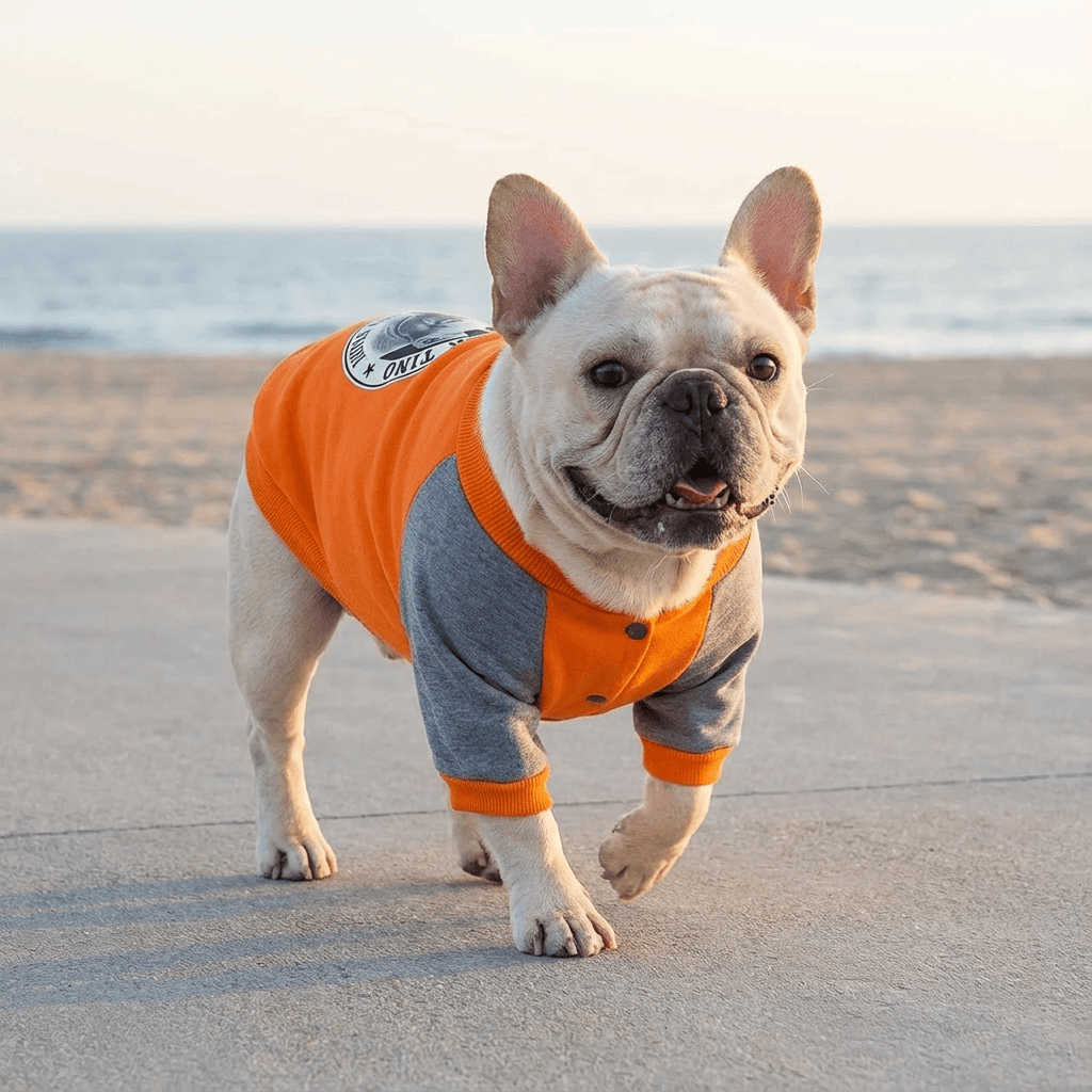 French Bulldog wearing an orange Bulldog Cashmere Dog Sweater, perfect for comfort and style outdoors.